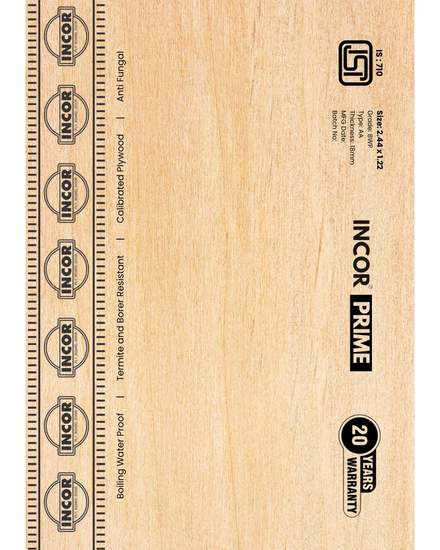 Incor Prime plywood with its grade and warranty markings