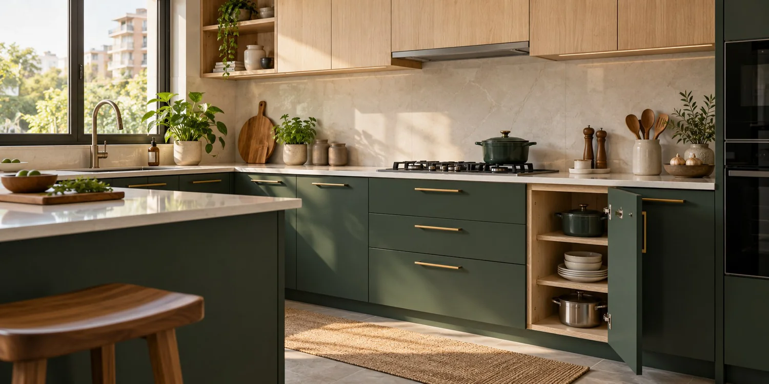 Kitchen inspiration with forest-green cabinets, natural wood and a bright stone worktop
